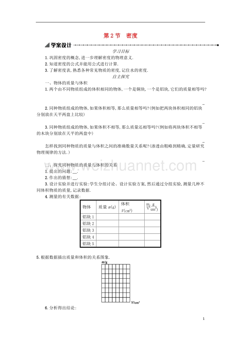 2017年秋八年级物理上册 6.2 密度学案设计（含解析）（新版）新人教版.doc_第1页