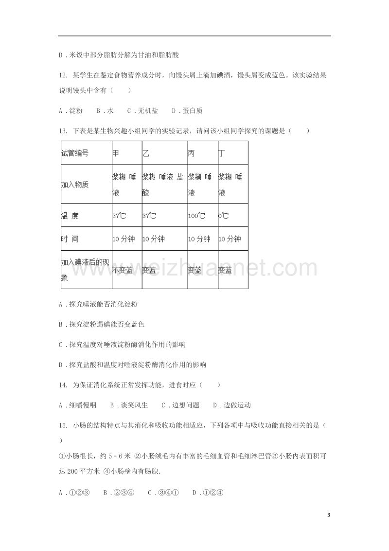 山东省济南市七年级生物下册 第四单元 第二章 第二节 消化和吸收同步训练（无答案）（新版）新人教版.doc_第3页