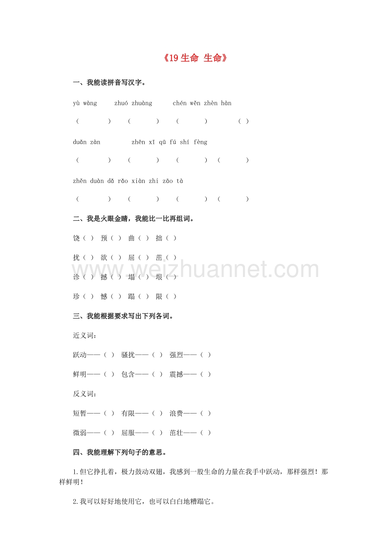 （人教版）四年级语文下册习题精选 19 生命 生命.doc_第1页