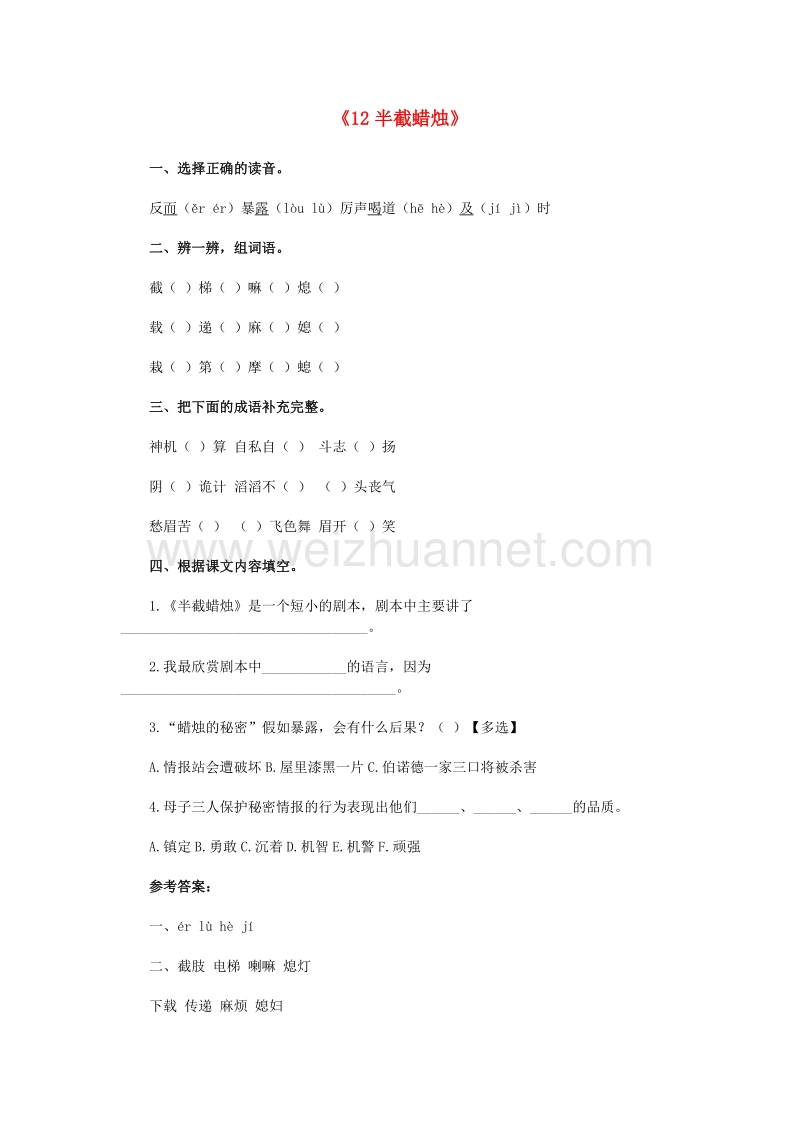 （人教版）五年级语文下册习题精选 12.半截蜡烛题精选.doc_第1页