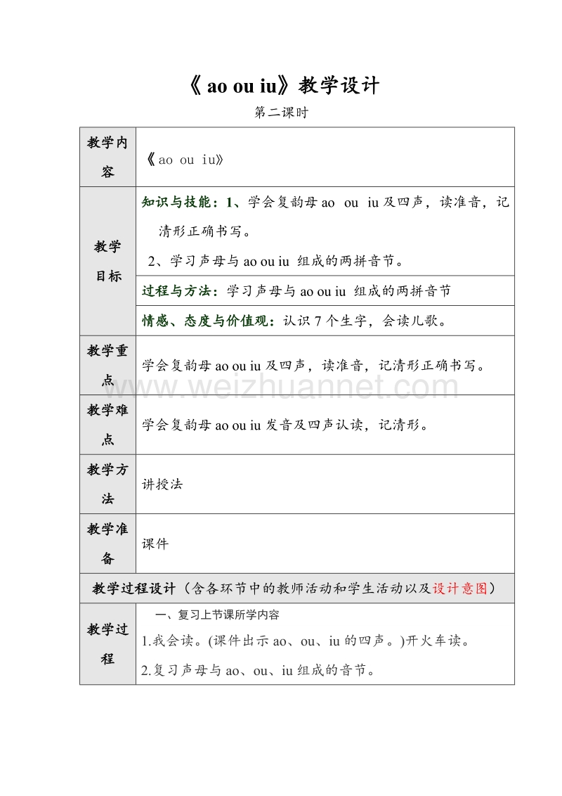 （人教版）一年级上册(2016新版）语文《ao ou iu》第二课时教学设计.doc_第1页