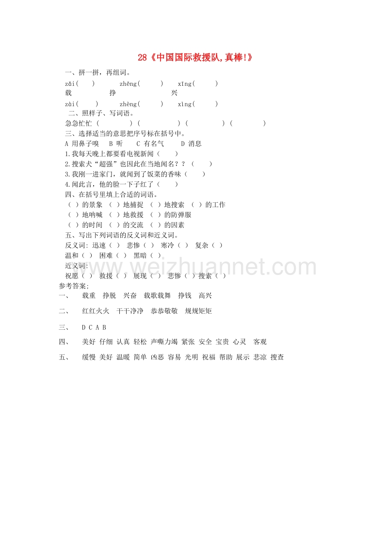 （人教版）三年级语文下册习题精选 28 中国国际救援队 真棒.doc_第1页