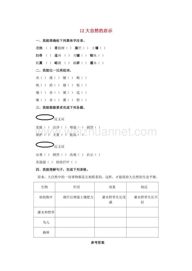 （人教版）四年级语文下册习题精选 12 大自然的启示.doc_第1页