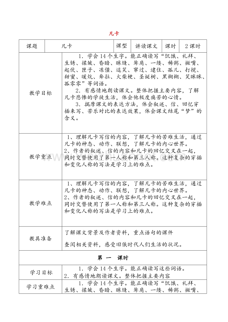 2016秋六年级语文上册《凡卡》教学设计 沪教版.doc_第1页