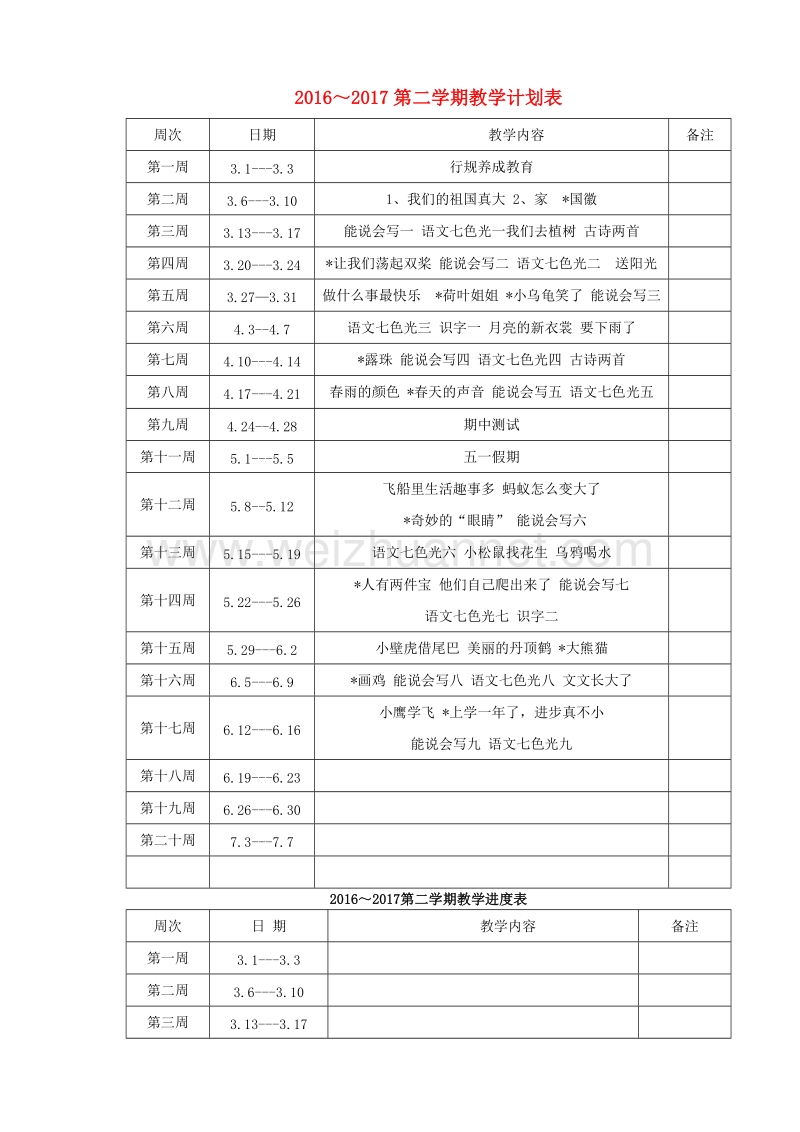 （同步教案）2017春一年级语文下册教学计划及进度表教科版.doc_第1页