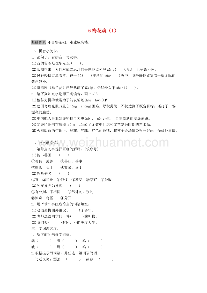 （人教新课标）五年级语文上册第2单元6《梅花魂》课时练习（1）.doc_第1页