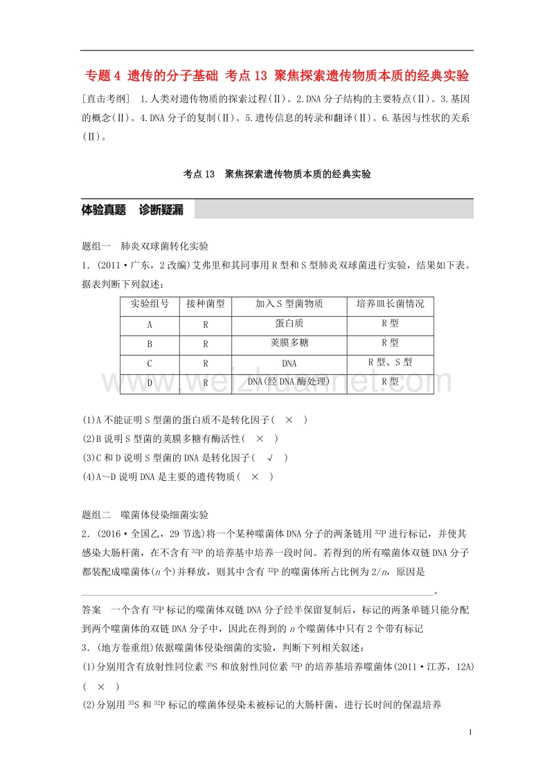 2017年高考生物考前3个月专题复习专题4遗传的分子基础考点13聚焦探索遗传物质本质的经典实验.doc_第1页