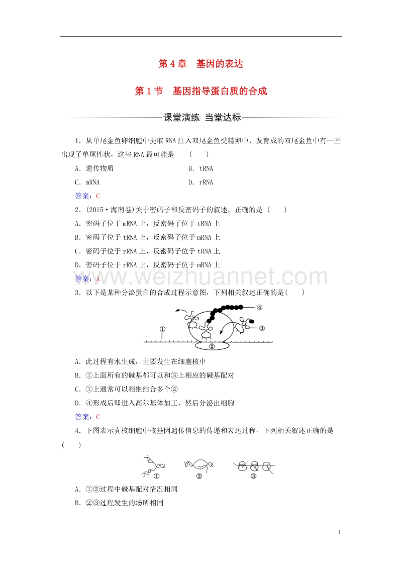 2017年高中生物第4章基因的表达第1节基因指导蛋白质的合成检测试题新人教版必修2.doc_第1页