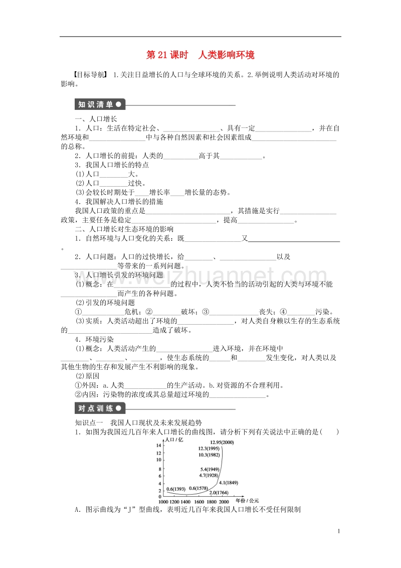 2017年高中生物第五章人与环境（第21课时）人类影响环境课时作业苏教版必修3.doc_第1页