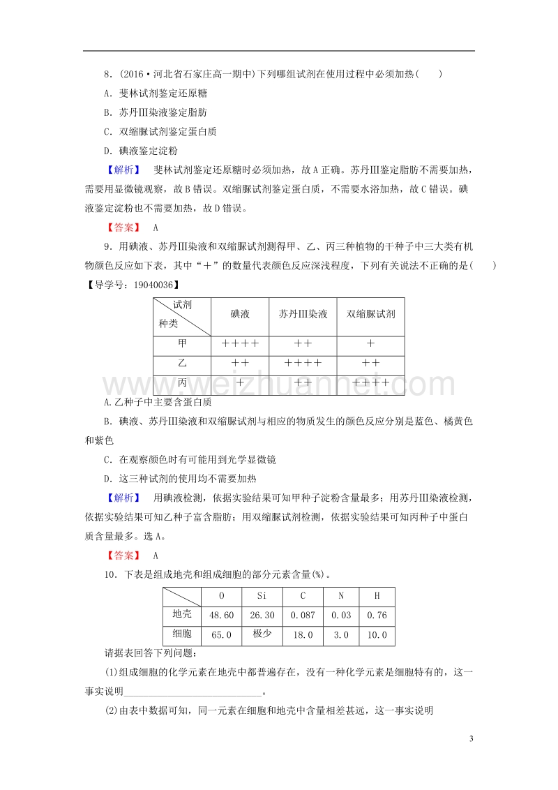 2017年高中生物第2章组成细胞的分子第1节细胞中的元素和化合物学业分层测评新人教版必修1.doc_第3页