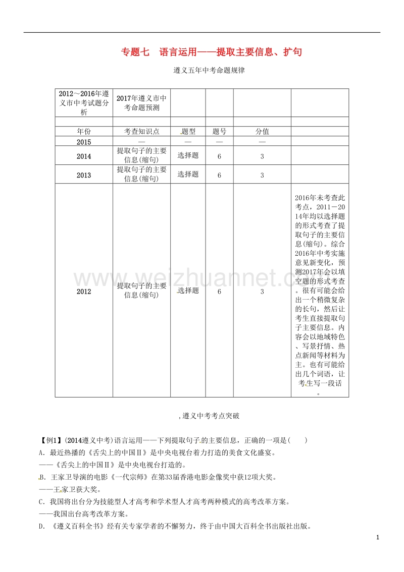 （遵义专版）2017年中考语文命题研究 第二部分 中考题型突破篇 专题七 语言运用——提取主要信息、扩句.doc_第1页