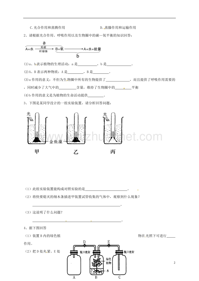 丹徒县八年级生物上册 18.2 绿色植物与生物圈中的碳—氧平衡学案（无答案）（新版）苏科版.doc_第2页