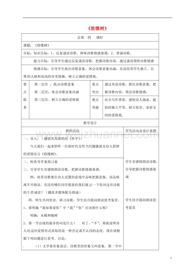 大丰市新丰中学高中语文 第1专题《致橡树》教案 苏教版必修1.doc_第1页