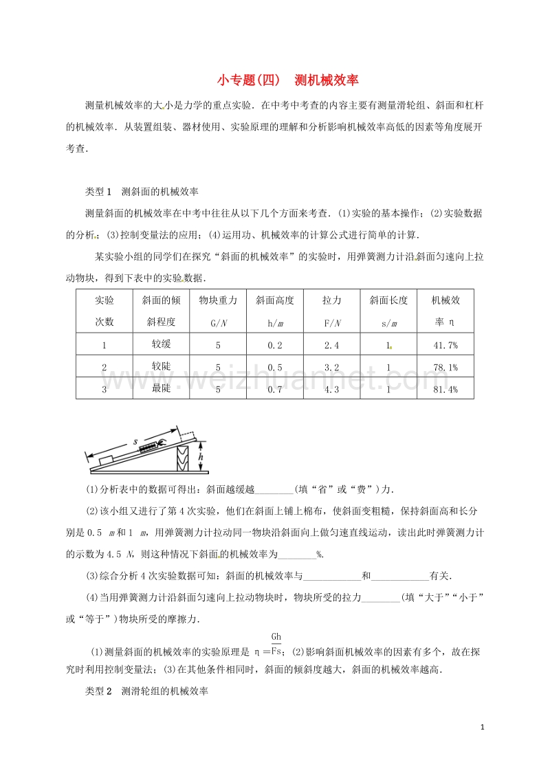 广饶县丁庄镇中心初级中学2016届中考物理一轮复习 小专题（四）测机械效率测试题（无答案）.doc_第1页