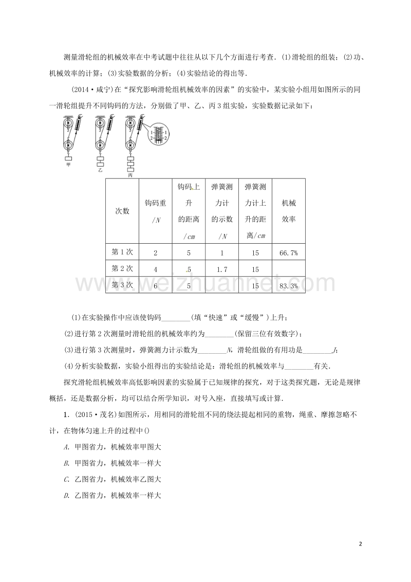 广饶县丁庄镇中心初级中学2016届中考物理一轮复习 小专题（四）测机械效率测试题（无答案）.doc_第2页