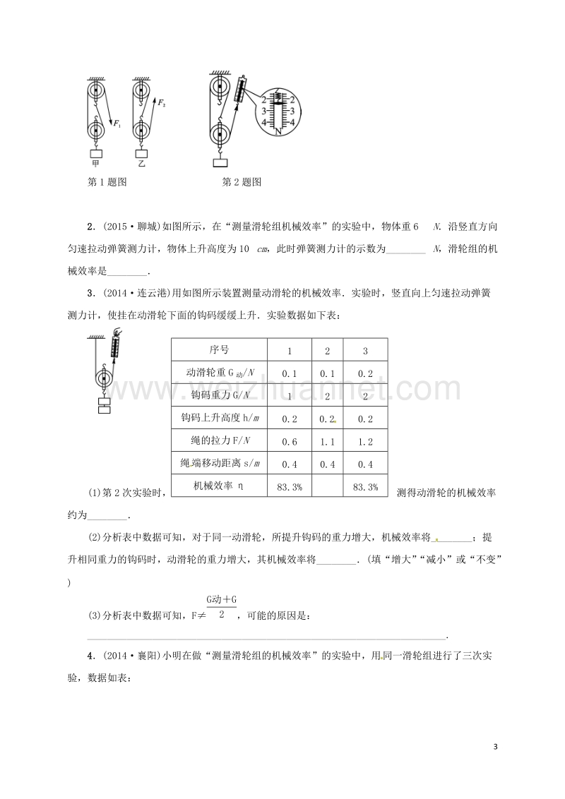 广饶县丁庄镇中心初级中学2016届中考物理一轮复习 小专题（四）测机械效率测试题（无答案）.doc_第3页