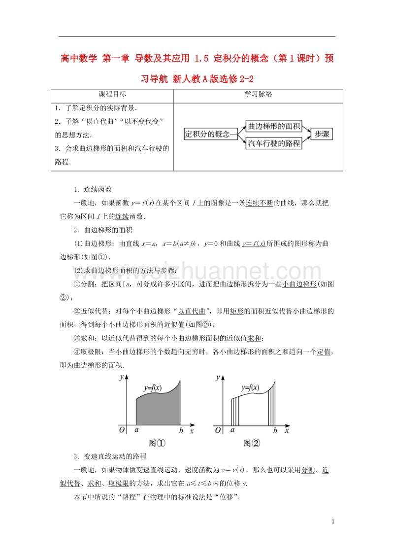 2017年高中数学 第一章 导数及其应用 1.5 定积分的概念（第1课时）预习导航 新人教a版选修2-2.doc_第1页