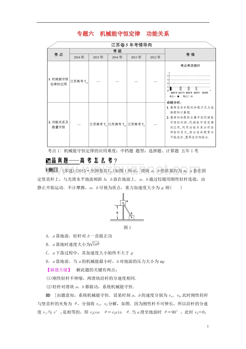 2017年高考物理二轮复习 第1部分 专题突破篇 专题6 机械能守恒定律 功能关系讲练.doc_第1页