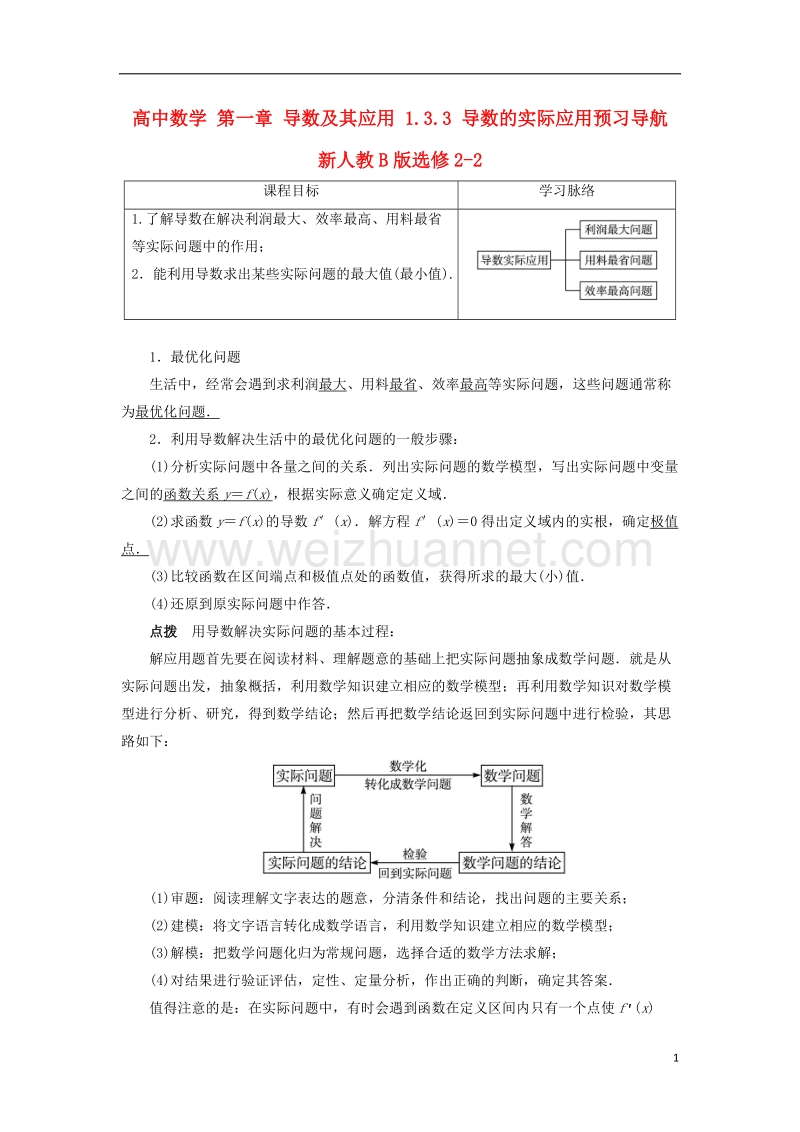 2017年高中数学 第一章 导数及其应用 1.3.3 导数的实际应用预习导航 新人教b版选修2-2.doc_第1页