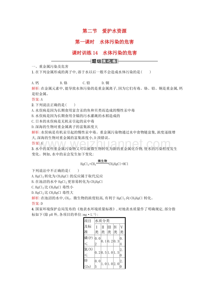 2017年高中化学 4.2.1水体污染的危害课时训练 新人教版选修1.doc_第1页