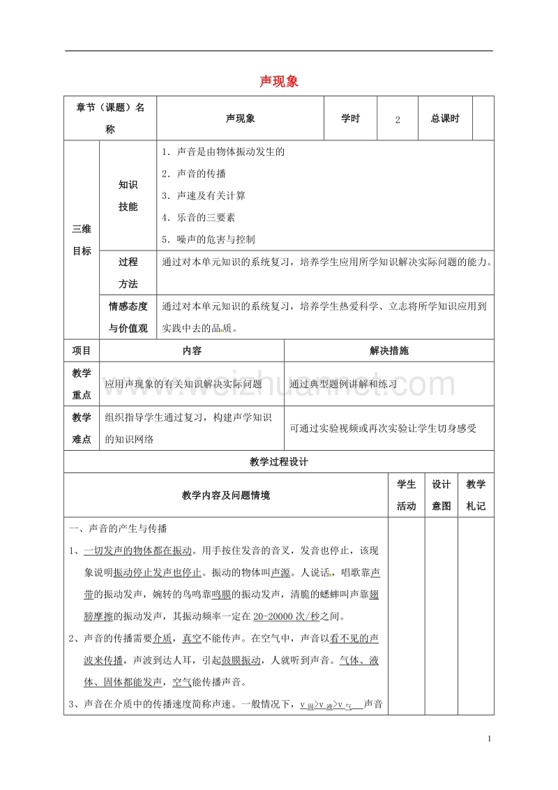 2017年甘肃省武威市中考物理 声现象复习（一）教案.doc_第1页