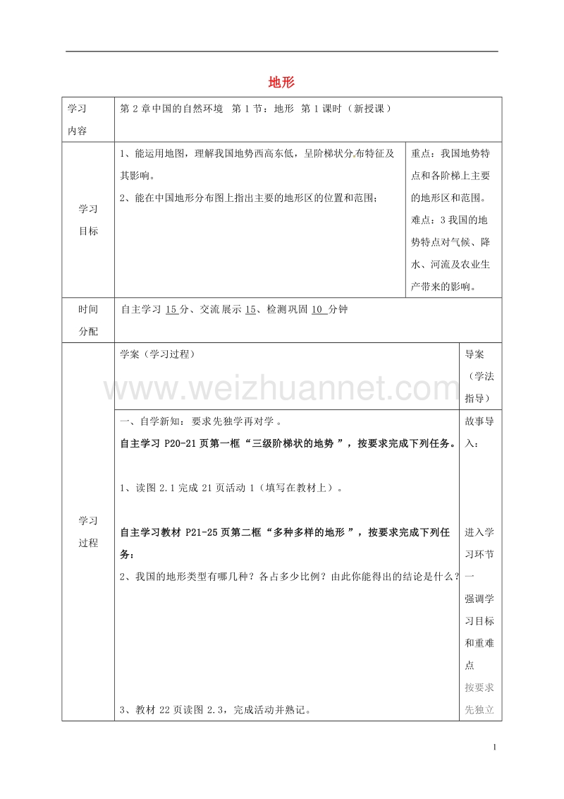 山阳县八年级地理上册 2.1 地形学案（无答案）（新版）粤教版.doc_第1页