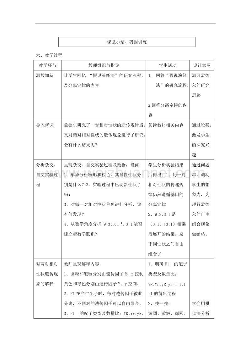 人教版高中生物（新课标）必修2教案第1章 第2节 孟德尔的豌豆杂交实验（二）.doc_第3页