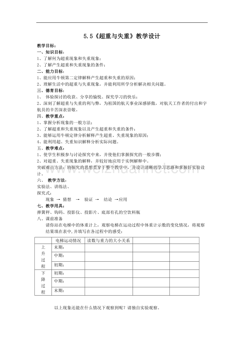 物理：5.5《超重与失重》教学设计19（沪科版必修1）.doc_第1页