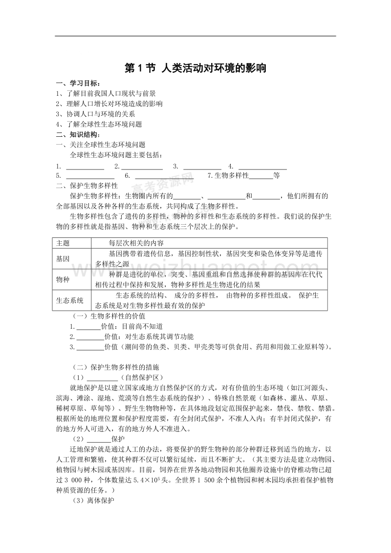 生物：2.4.1《人类活动对环境的影响》学案（1）（中图版必修3）.doc_第1页