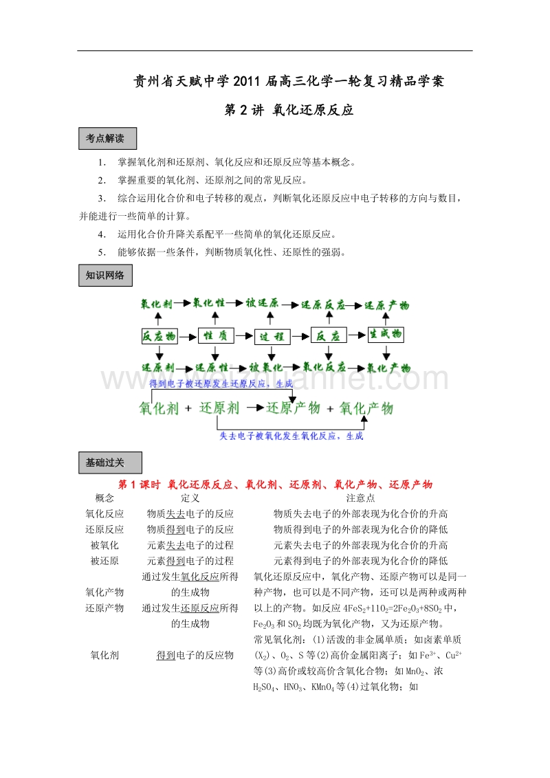 贵州省天赋中学2011届高三化学一轮复习精品学案第2讲 氧化还原反应.doc_第1页