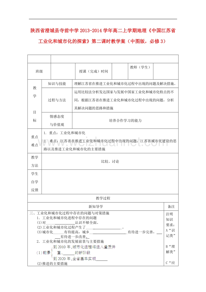 陕西省澄城县寺前中学高二上学期地理学案：《中国江苏省工业化和城市化的探索》第二课时 （中图版必修3）.doc_第1页