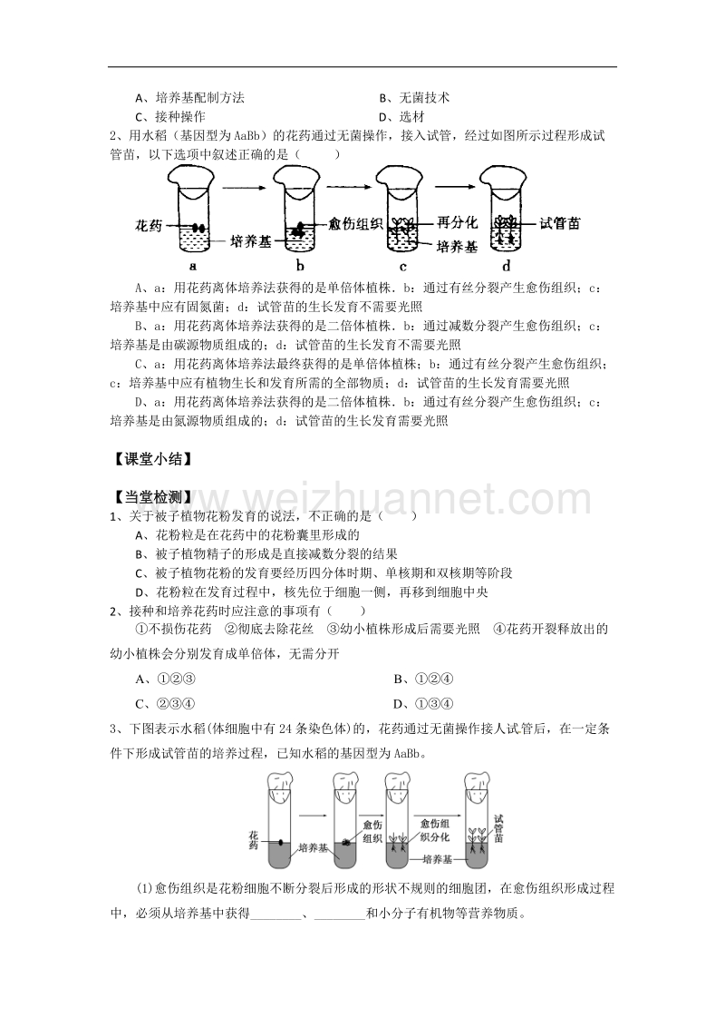 湖北省宜昌市高二人教版生物选修一导学案：04月季的花药培养-02 .doc_第3页