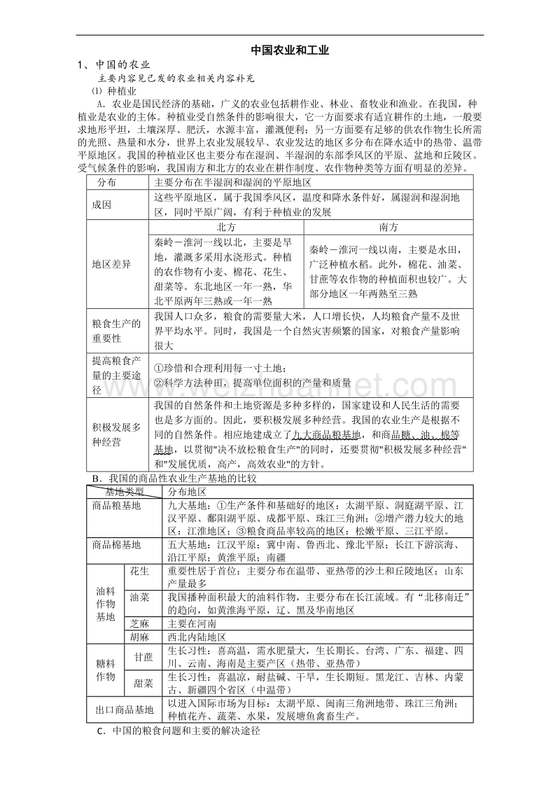 辽宁省抚顺市第一中学2015-2016学年高一地理补充内容（高考必考内容——世界地理）教案：7 中国农业 中国农业和工业 .doc_第1页