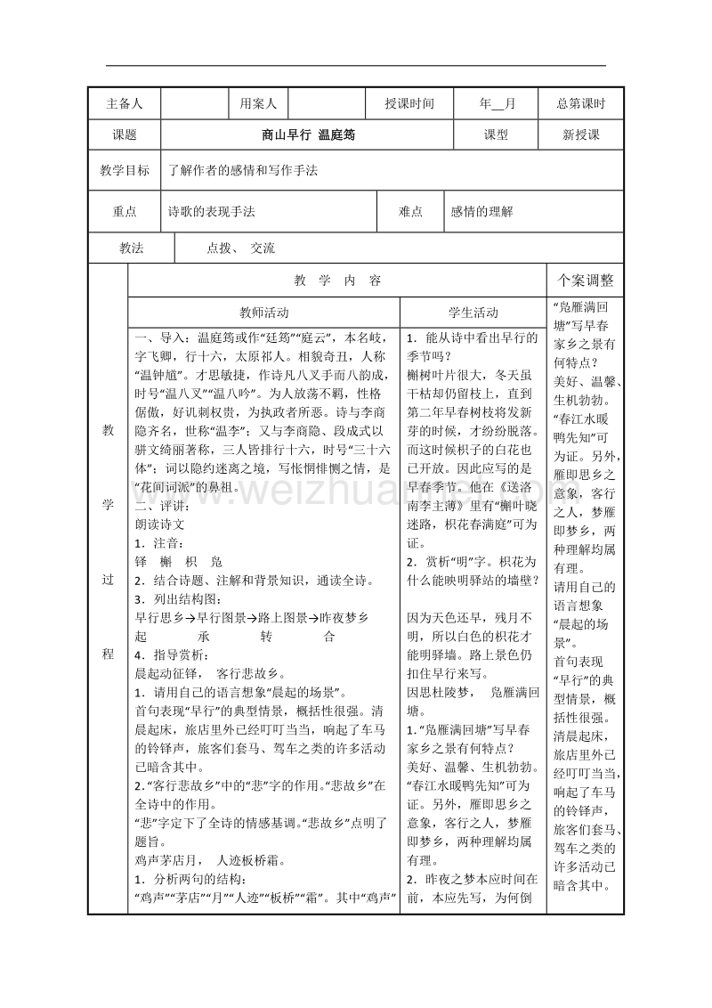 江苏省新沂市第二中学高中语文苏教版《唐诗宋词选读》教案：专题六 商山早行 word版含答案.doc_第1页