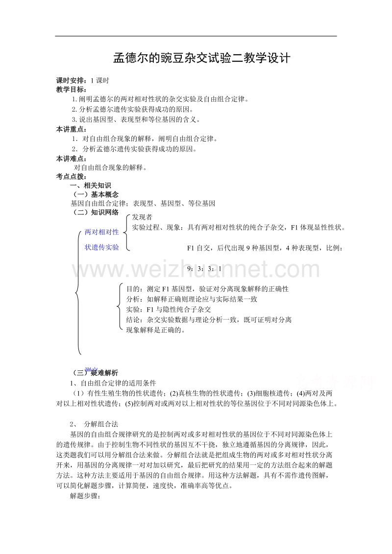 山东省高密市第三中学人教版生物必修二教案《1-2 孟德尔的豌豆杂交实验（二）》.doc_第1页