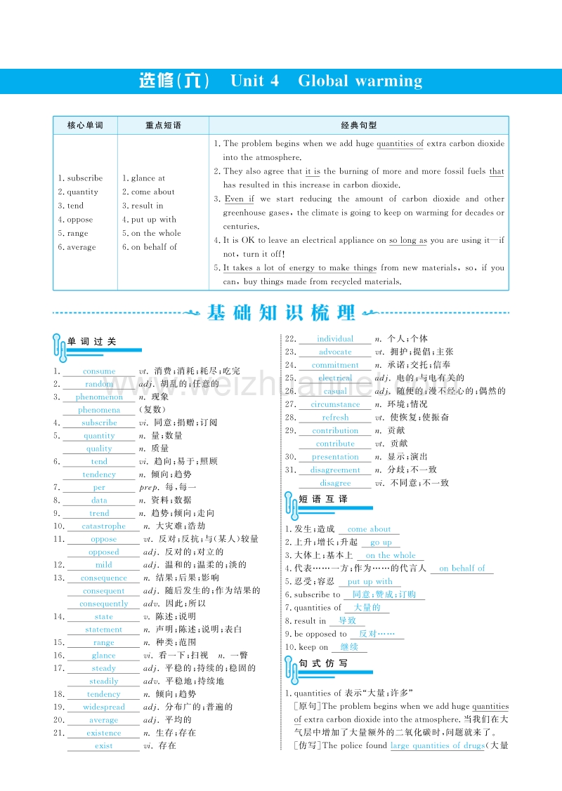 《新题策》2015-2016学年高中英语选修六（人教版）配套导学案：unit 4 global warming .pdf_第1页