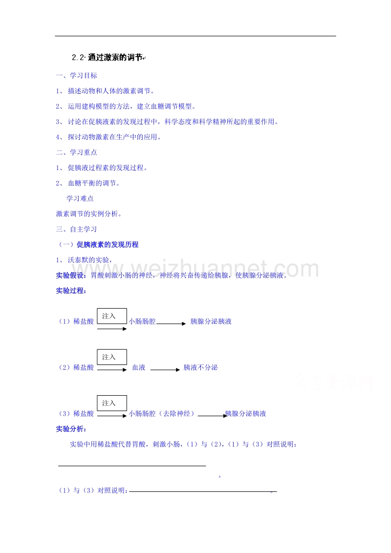 海南省海口市第十四中学高二生物（文）苏教版必修三学案： 2.2 通过激素的调节.doc_第1页