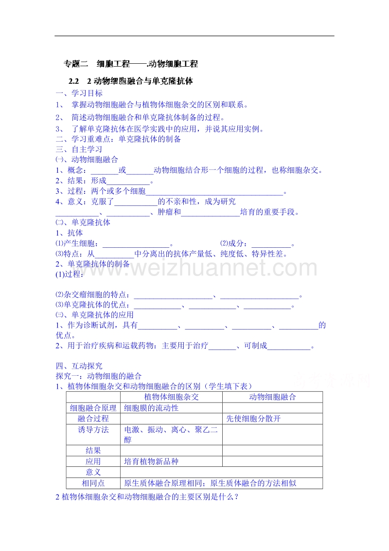 海南省海口市第十四中学高中生物苏教版选修三 导学案《2.2 2动物细胞融合与单克隆抗体》.doc_第1页