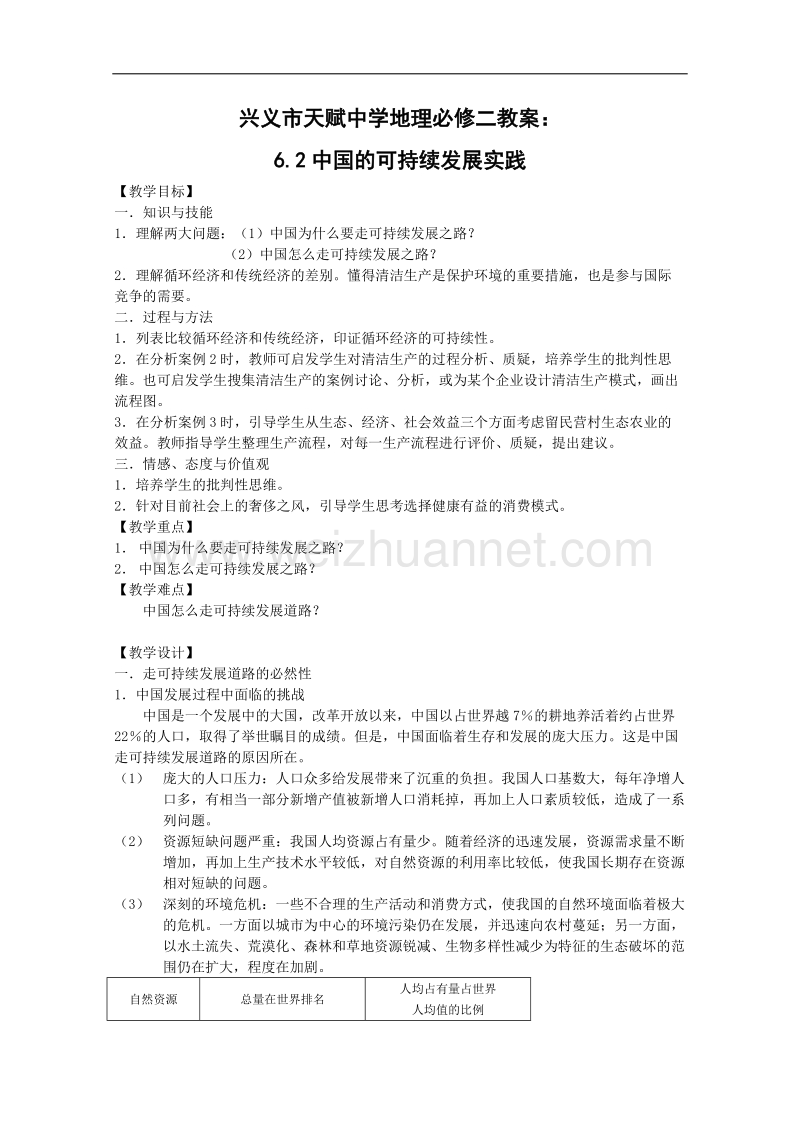 贵州省兴义市天赋中学地理必修二教案：6.2中国的可持续发展实践.doc_第1页