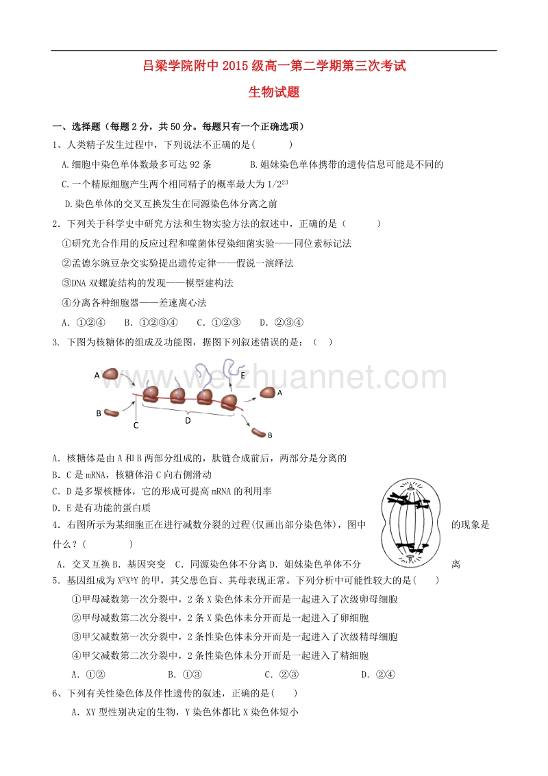 山西省吕梁学院附属高级中学学高一生物下学期第三次月考试题讲义.doc_第1页