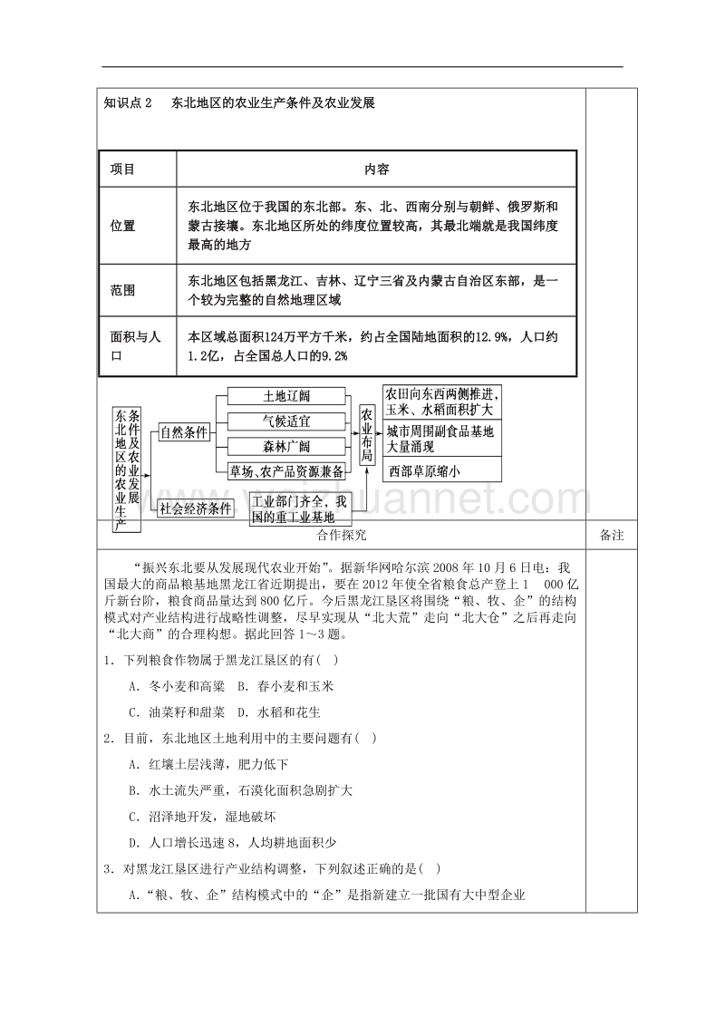 陕西省澄城县寺前中学高二上学期地理学案：《中国东北地区的可持续发展》第一课时 （中图版必修3）.doc_第2页