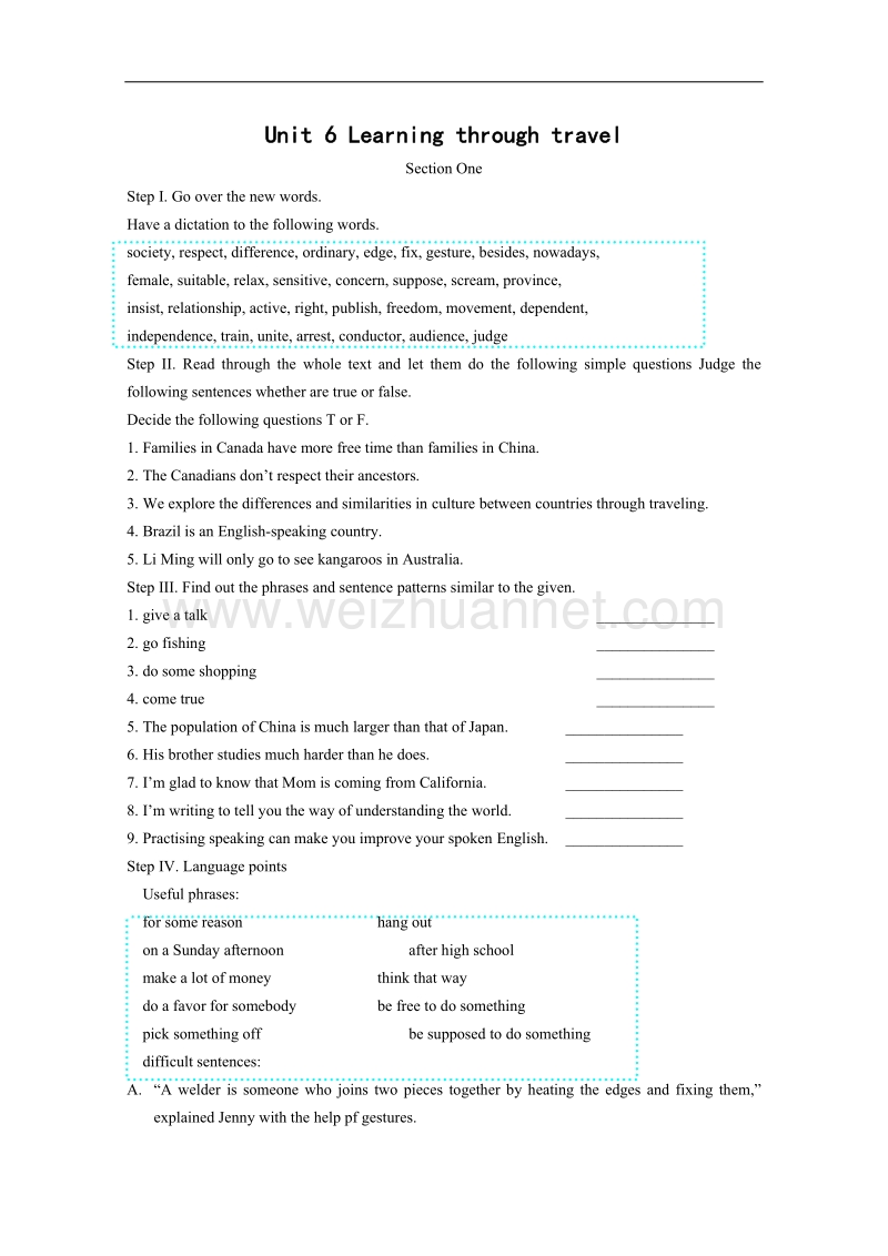 英语：unit6 learning through travel教案（冀教版必修1）.doc_第1页