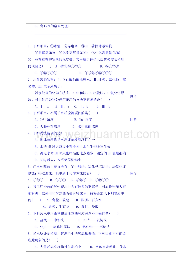 江苏省徐州市王杰中学苏教版高中化学选修一导学案：化学与生活 专题一 第二单元 水资源合理利用 课时2.doc_第3页