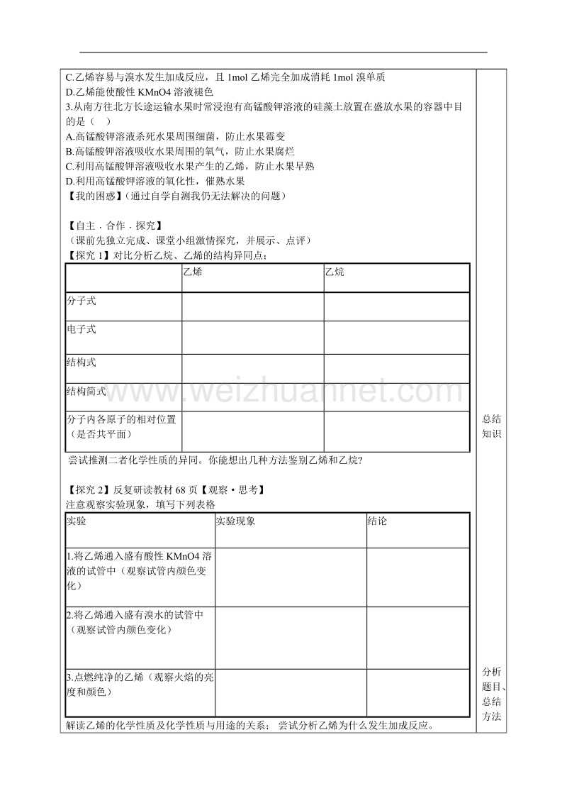 山东省泰安市肥城市第三中学高中化学 石油的炼制乙烯学案 鲁科版必修2 .doc_第2页