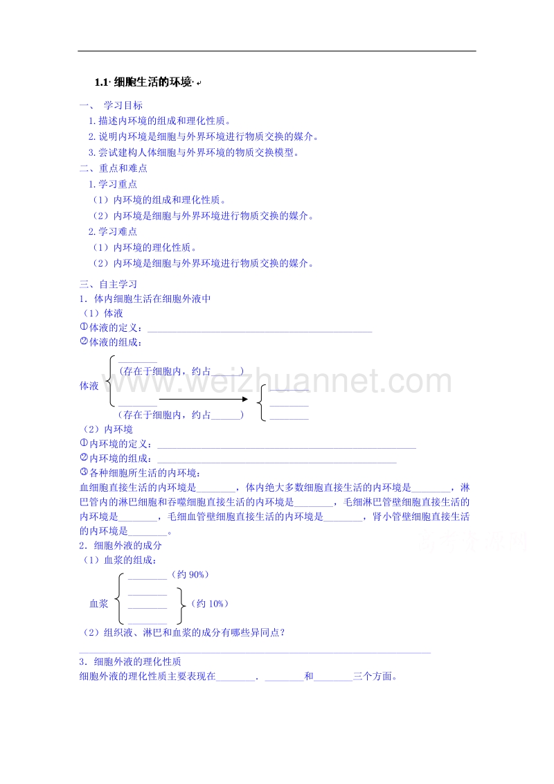 海南省海口市第十四中学高二生物（文）苏教版必修三学案： 1.1 细胞生活的环境.doc_第1页