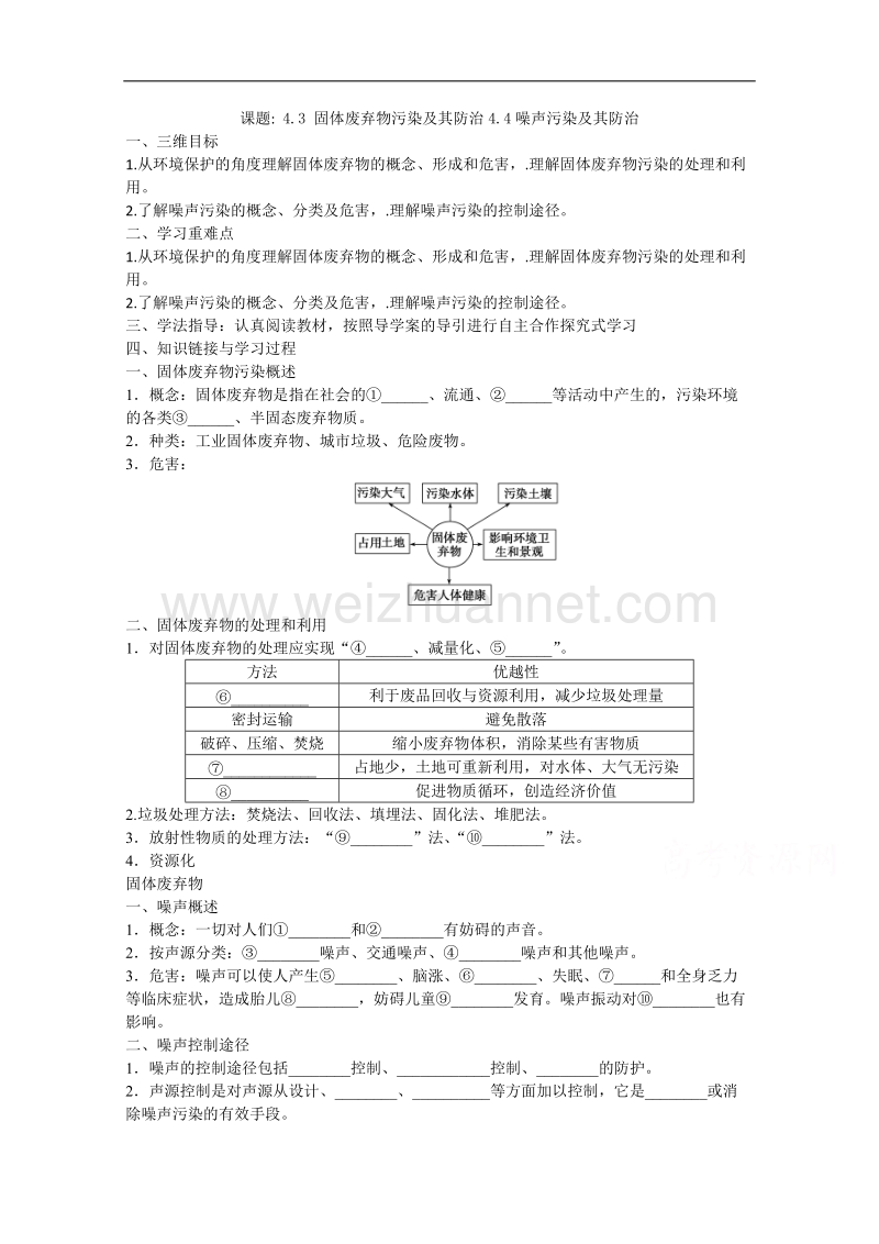 黑龙江省漠河高级中学高二地理人教版选修六导学案：4.3 4.4固体废弃物污染及其防治 噪声污染及其防治 .doc_第1页