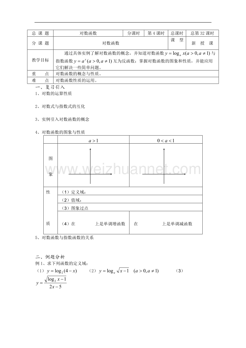 高一数学必修1教学案：第32课时 对数函数.doc_第1页