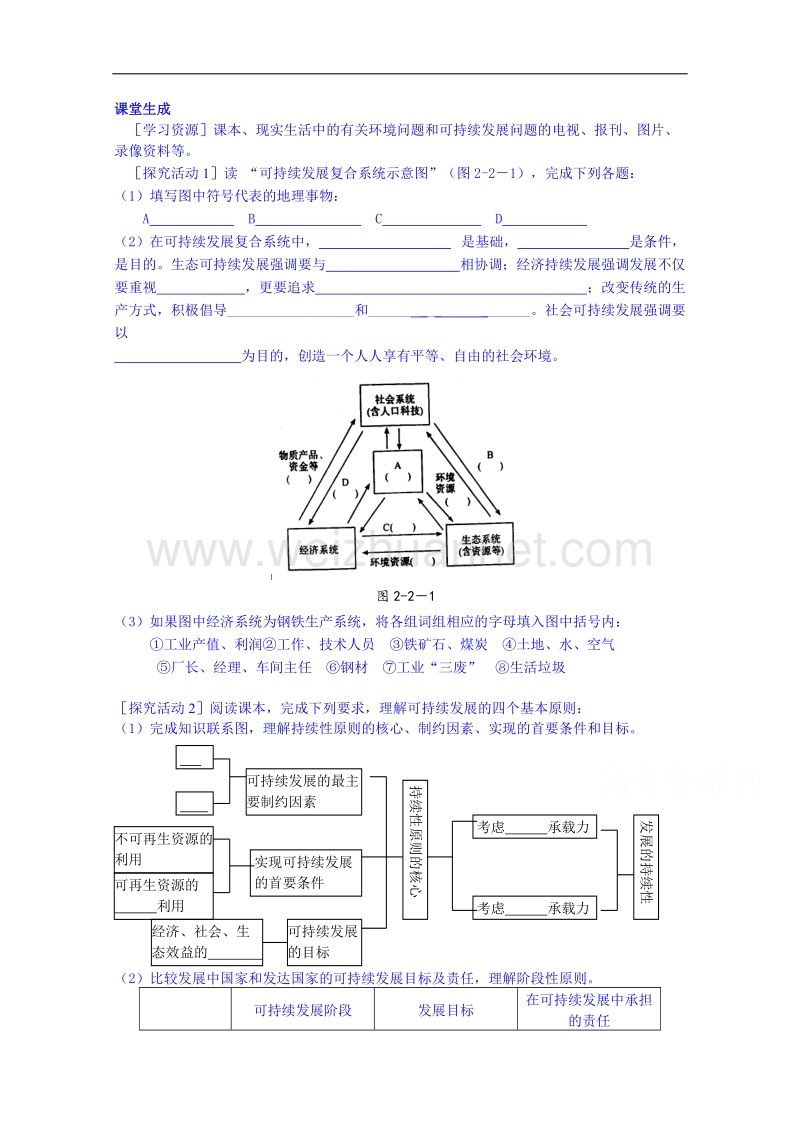 江苏省徐州市睢宁县宁海外国语学校鲁教版地理学案 必修三 2.2可持续发展的基本内涵.doc_第1页