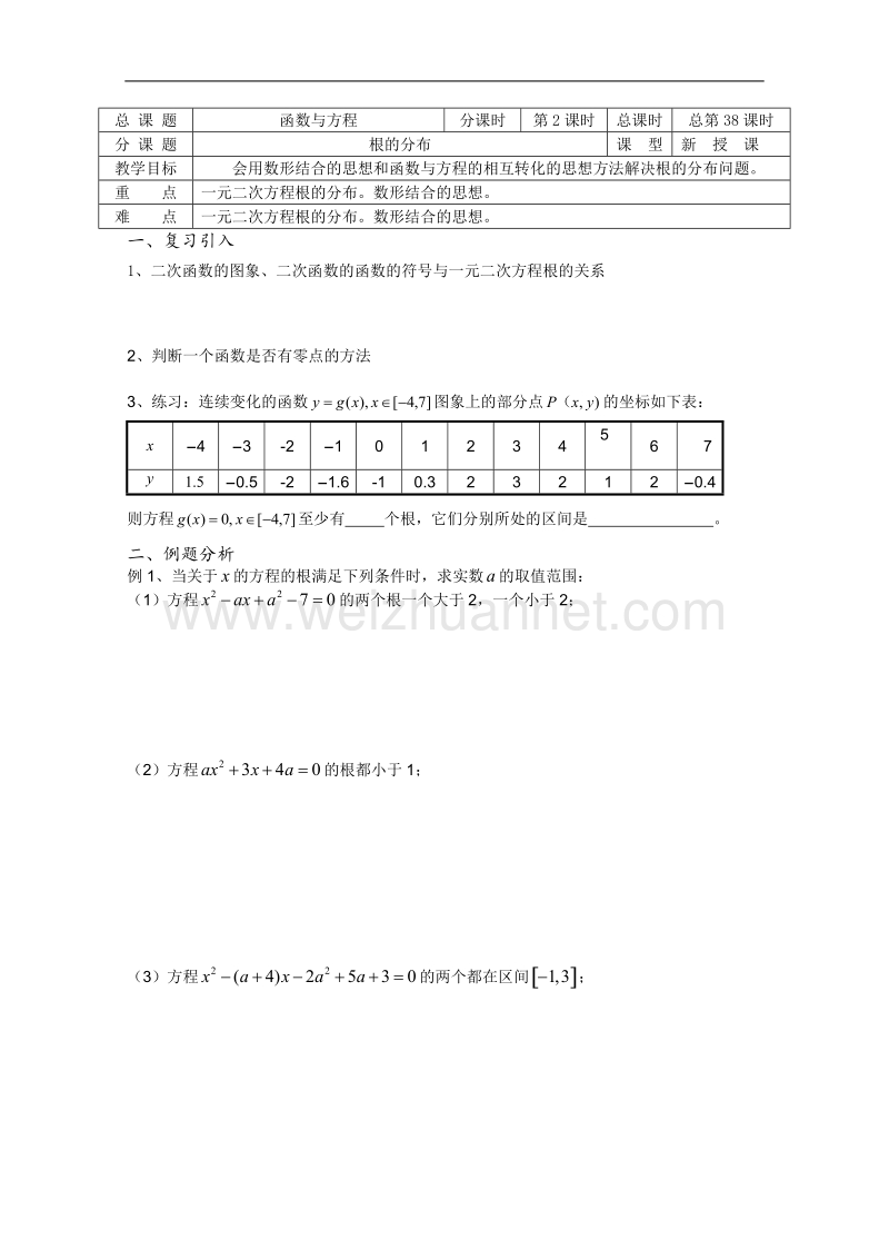 高一数学必修1教学案：第38-39课时 根的分布.doc_第1页