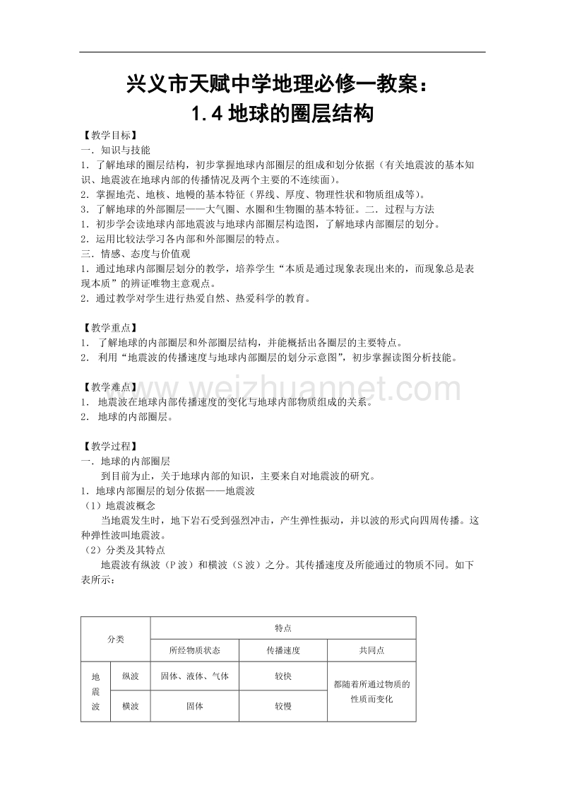 贵州省兴义市天赋中学地理必修一教案：1.4地球的圈层结构.doc_第1页